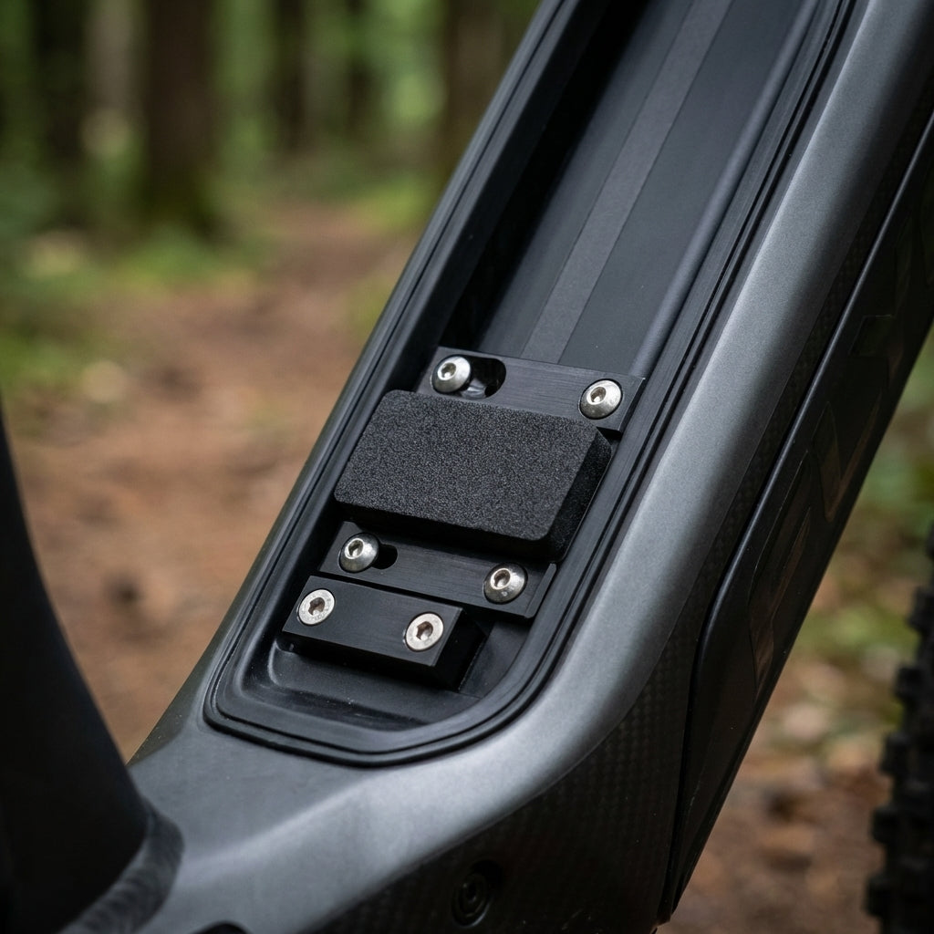 FLYON Battery Block Stop (BBS) Teil 1: Schwarze Batteriebefestigung im E-Bike Rahmen mit Polsterung und Schrauben.