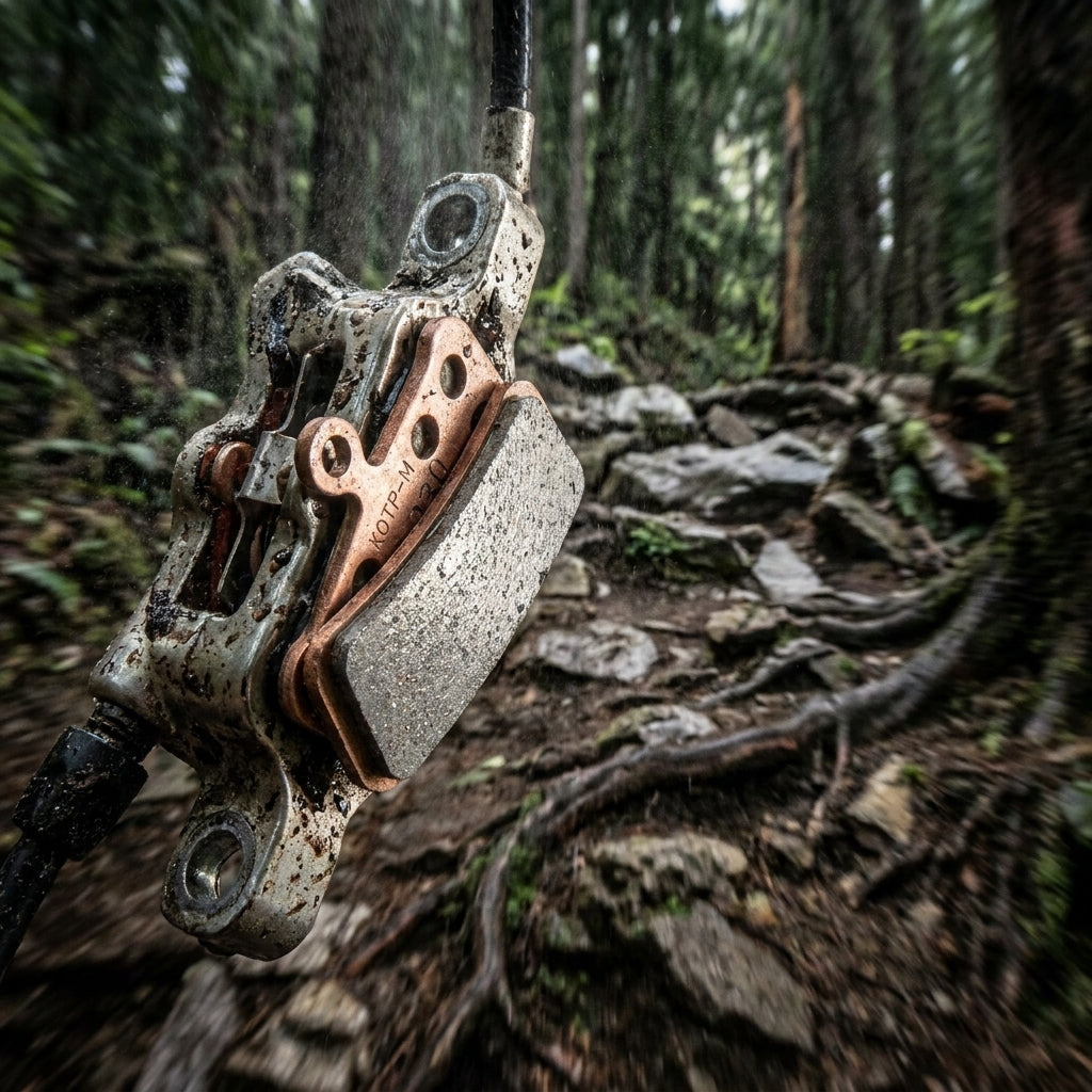 SRAM Scheibenbremsbeläge Trail/Guide gesintert/Stahl an schmutziger Mountainbike-Scheibenbremse im Wald auf Trail.
