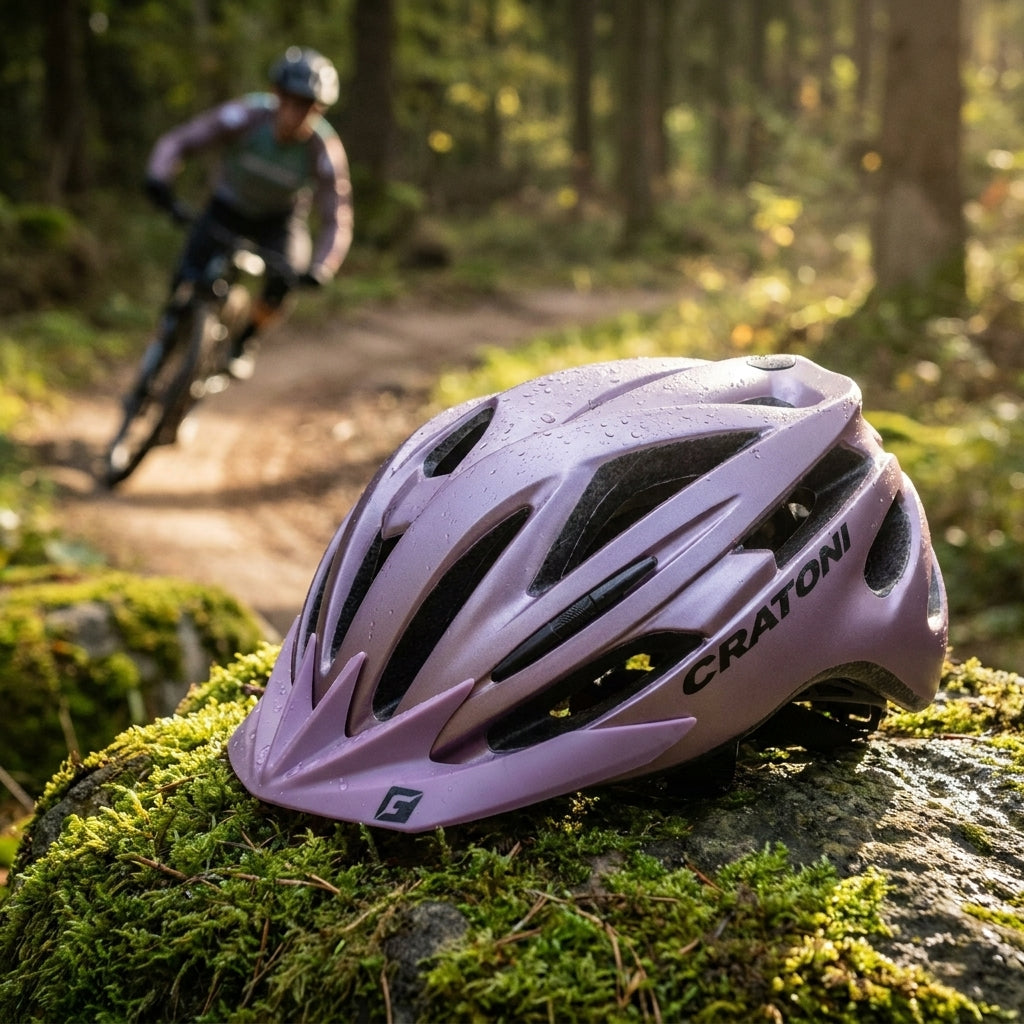 Cratoni Pacer Fahrradhelm lila metallic matt auf Moosfelsen, mit Wassertropfen. Biker im Wald.