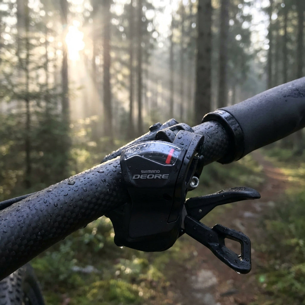 Shimano Deore SL-M6000 10-fach rechter Schalthebel am MTB-Lenker, mit Tautropfen im nebligen Wald.