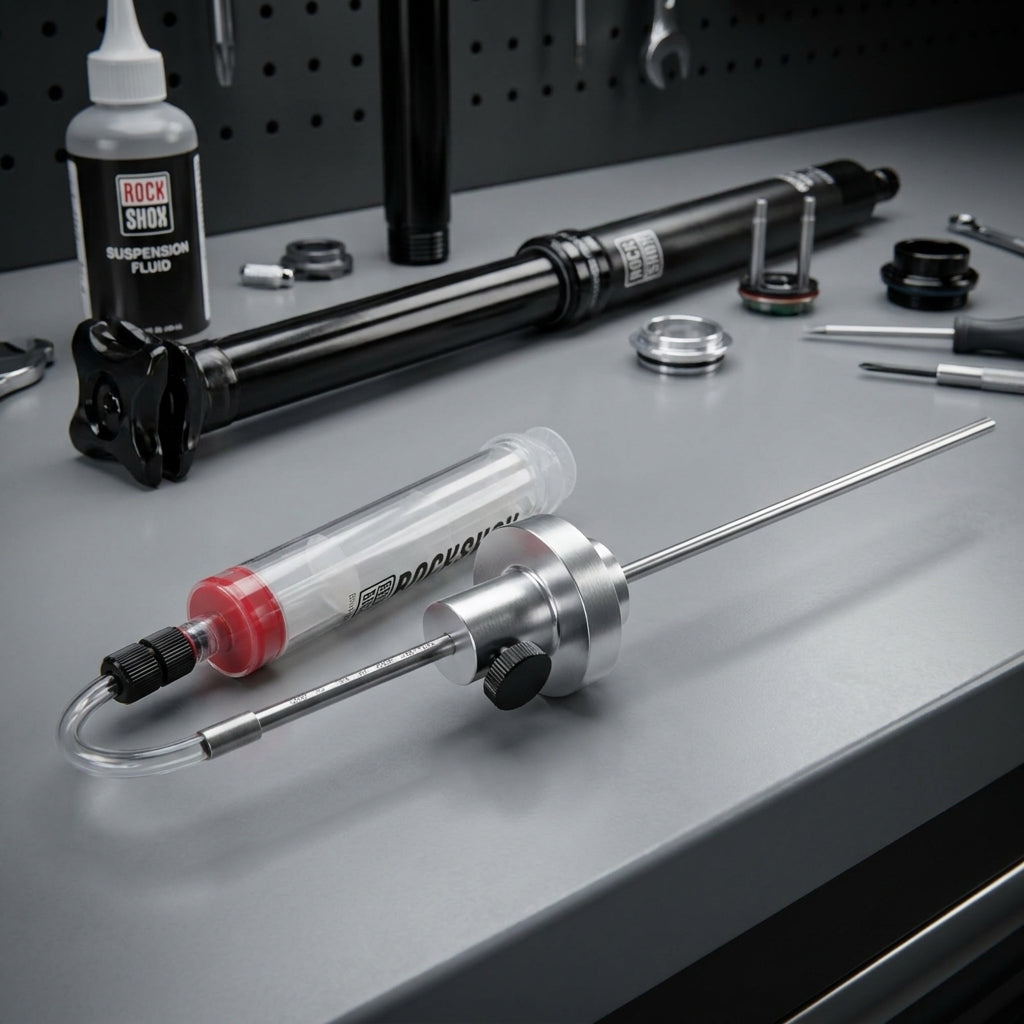 Rockshox Ölstandsmesswerkzeug für Reverb, Motion Control und Turnkey Dämpfer, auf Werkbank mit Fluid.