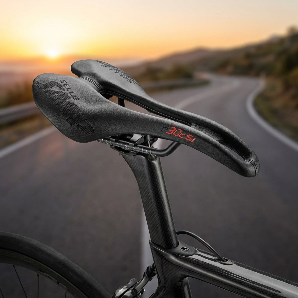 Selle SMP Sattel F30C SI schwarz unisex auf Carbon-Rennrad, Straße bei Sonnenuntergang.