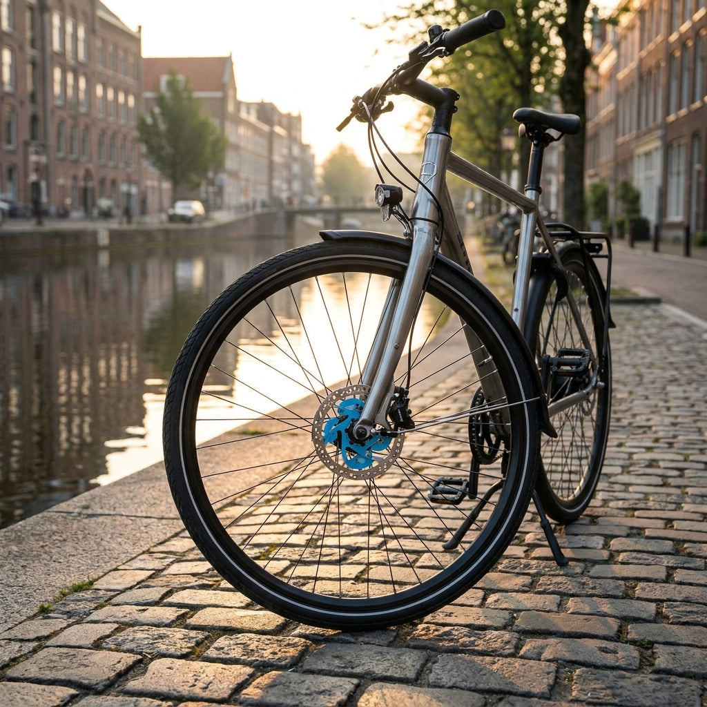 Contec Scheibenbremsbelag CBP-130 organisch an Fahrrad-Scheibenbremse, geparkt am Kanal in der Stadt.