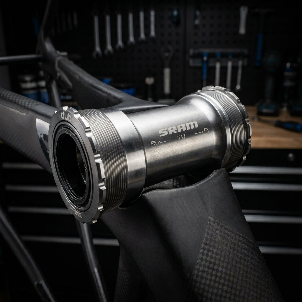 SRAM DUB T47 Road Wide Stahl-Innenlager für Rennräder, montiert an einem Carbonrahmen in einer Werkstatt.