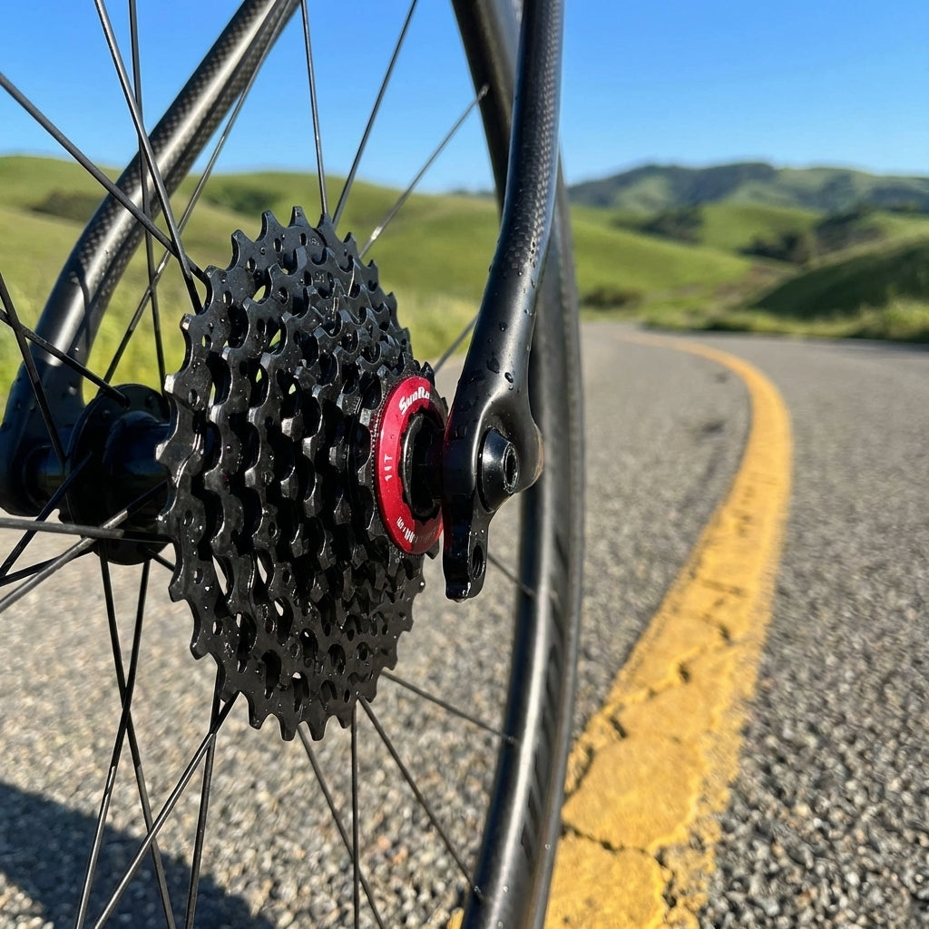 Schwarze SunRace CSRZ800 12-fach Kassette 11-30T mit rotem Lockring am Rad auf kurviger Straße.