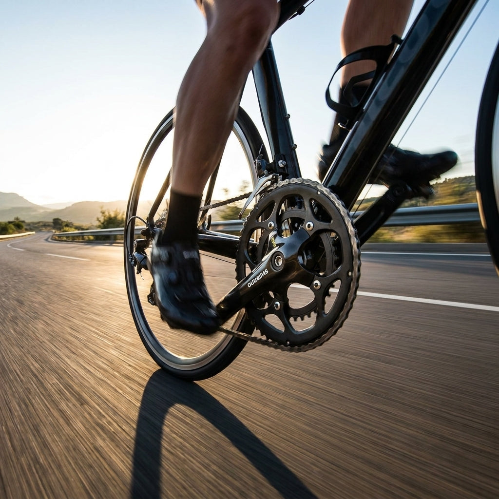 SHIMANO Kurbelgarnitur FC-R345 schwarz am Rennrad in Aktion, effiziente Schaltperformance.