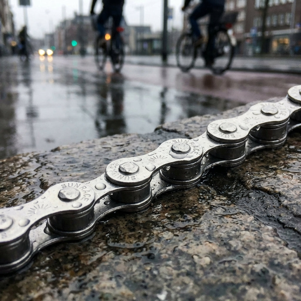 Sunrace CNS22 antirost 1s Fahrradkette mit Wassertropfen auf feuchtem Steinboden.