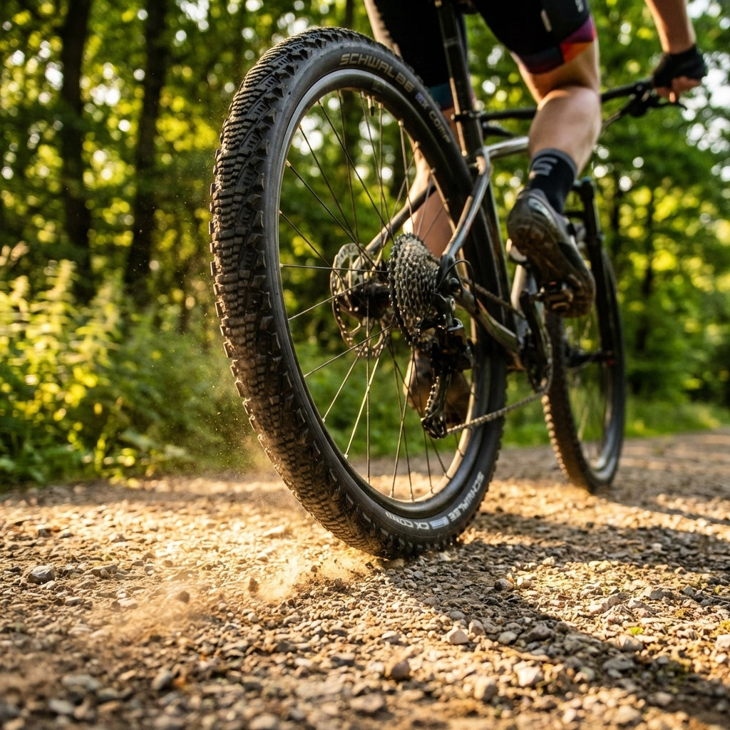 Schwalbe CX COMP 26x2.00 Mountainbike Reifen auf Schotterweg, Staub aufwirbelnd.