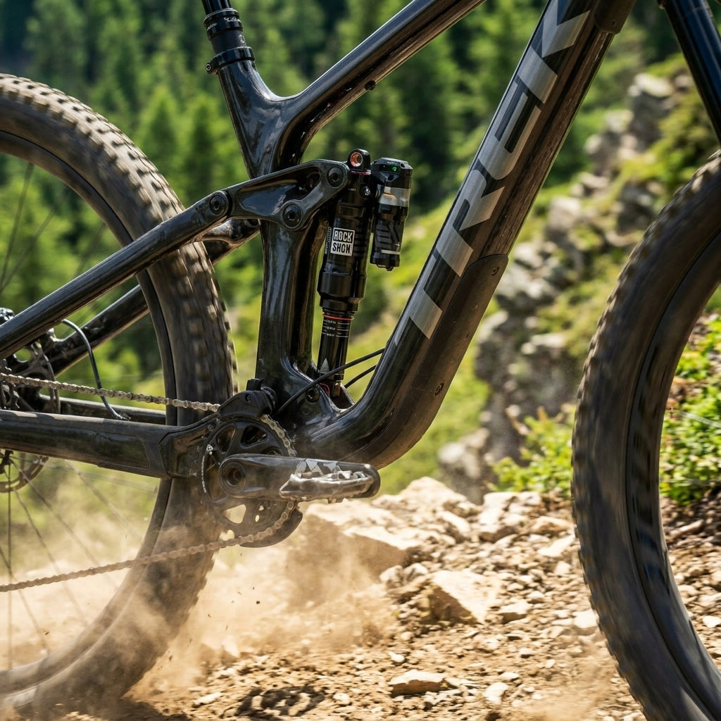 RockShox Super Deluxe Ultimate Flight Attendant Dämpfer am Trek Slash Gen6 Mountainbike auf staubigem Trail.
