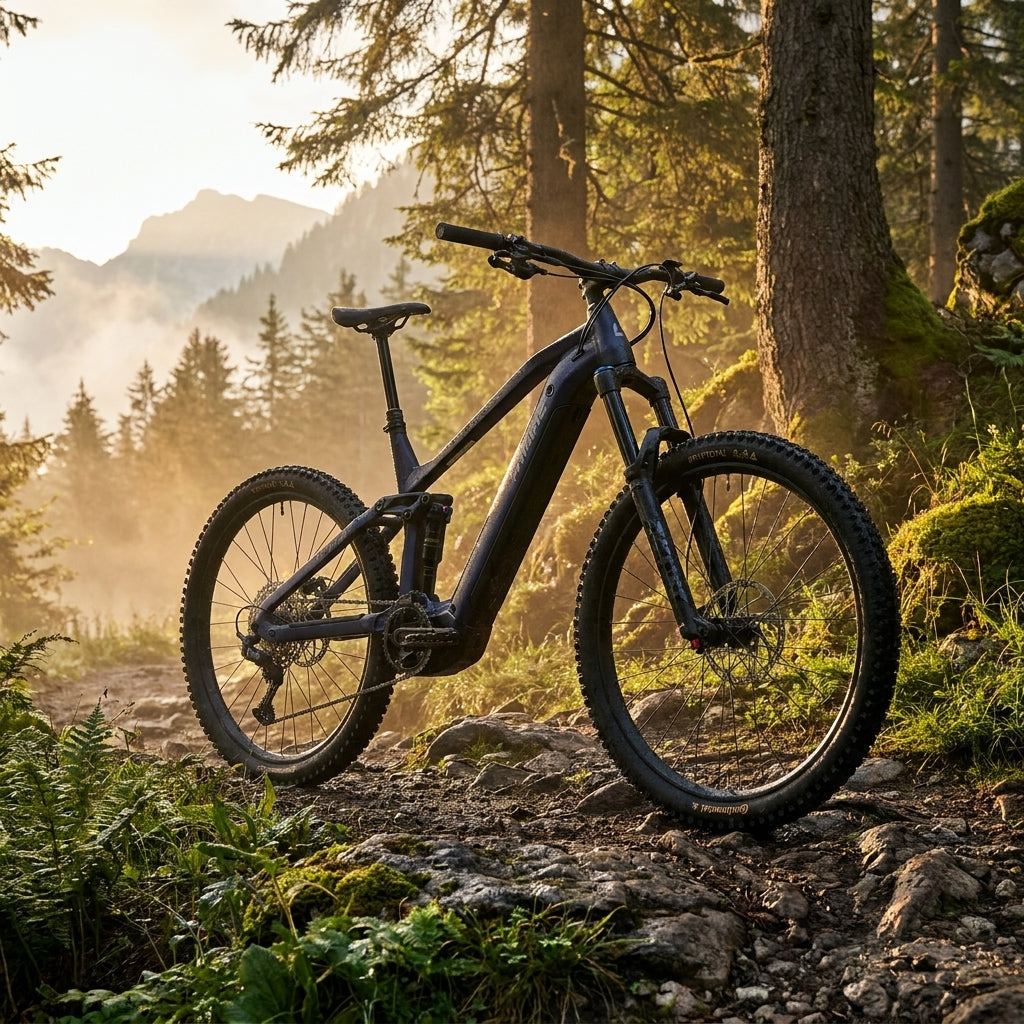 Haibike ALLMTN 2 E-MTB i800Wh 12-G Deore auf felsigem Waldweg, goldene Stunde, Berge im Hintergrund.