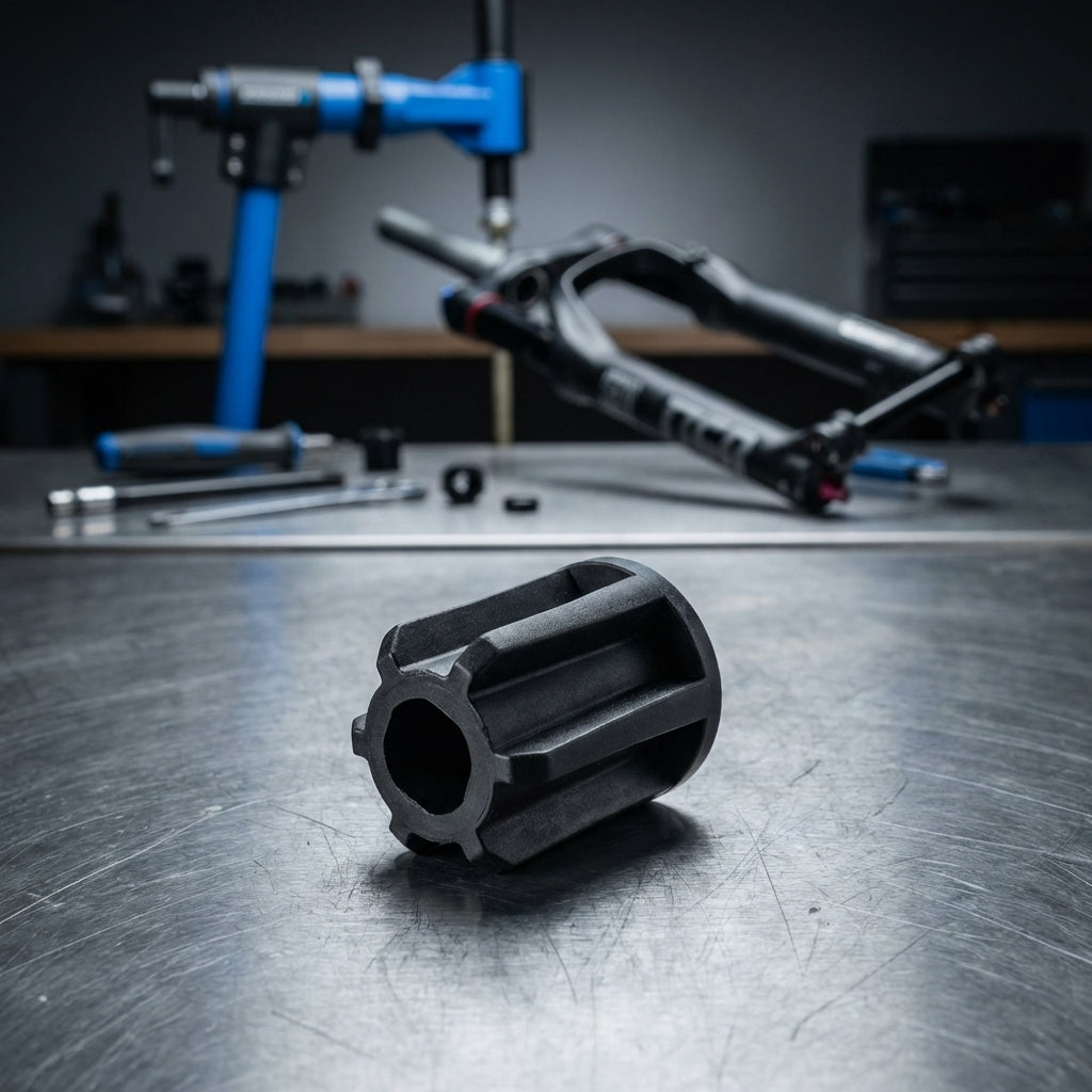 Anschlagstopper SR Suntour für SF18 RAIDON34 Boost auf Werkbank mit Gabel und Werkzeug.