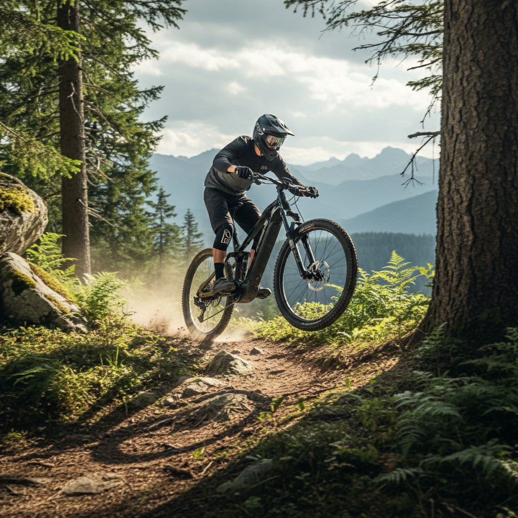 Haibike ALLTRAIL 10 E-MTB (XL, schwarz/gold) mit 800Wh Akku auf anspruchsvollem Waldtrail. Leistungsstarkes Mountainbike für Abenteuer.
