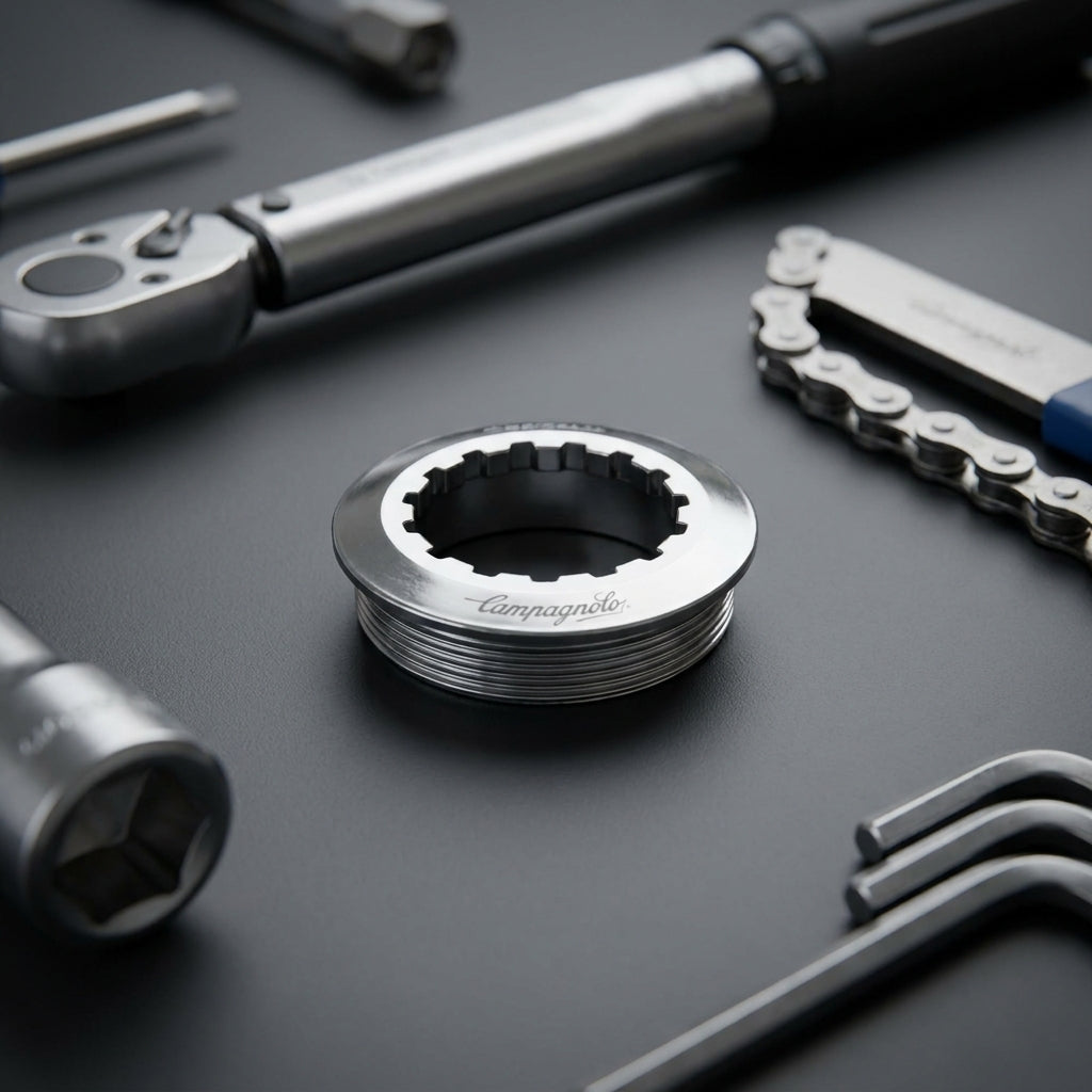 Campagnolo Verschlussring CS-501 für 11 Z. Ritzel, umgeben von professionellem Fahrradwerkzeug.