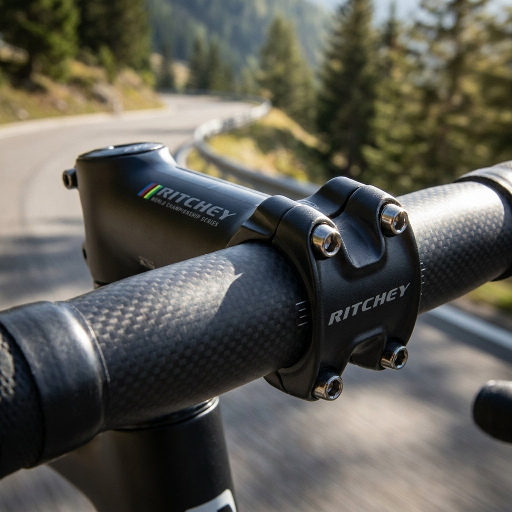 Ritchey WCS C220 Aluminium-Vorbau mit 220° Lenkerklemmung auf Carbonlenker am Rennrad auf Bergstraße.