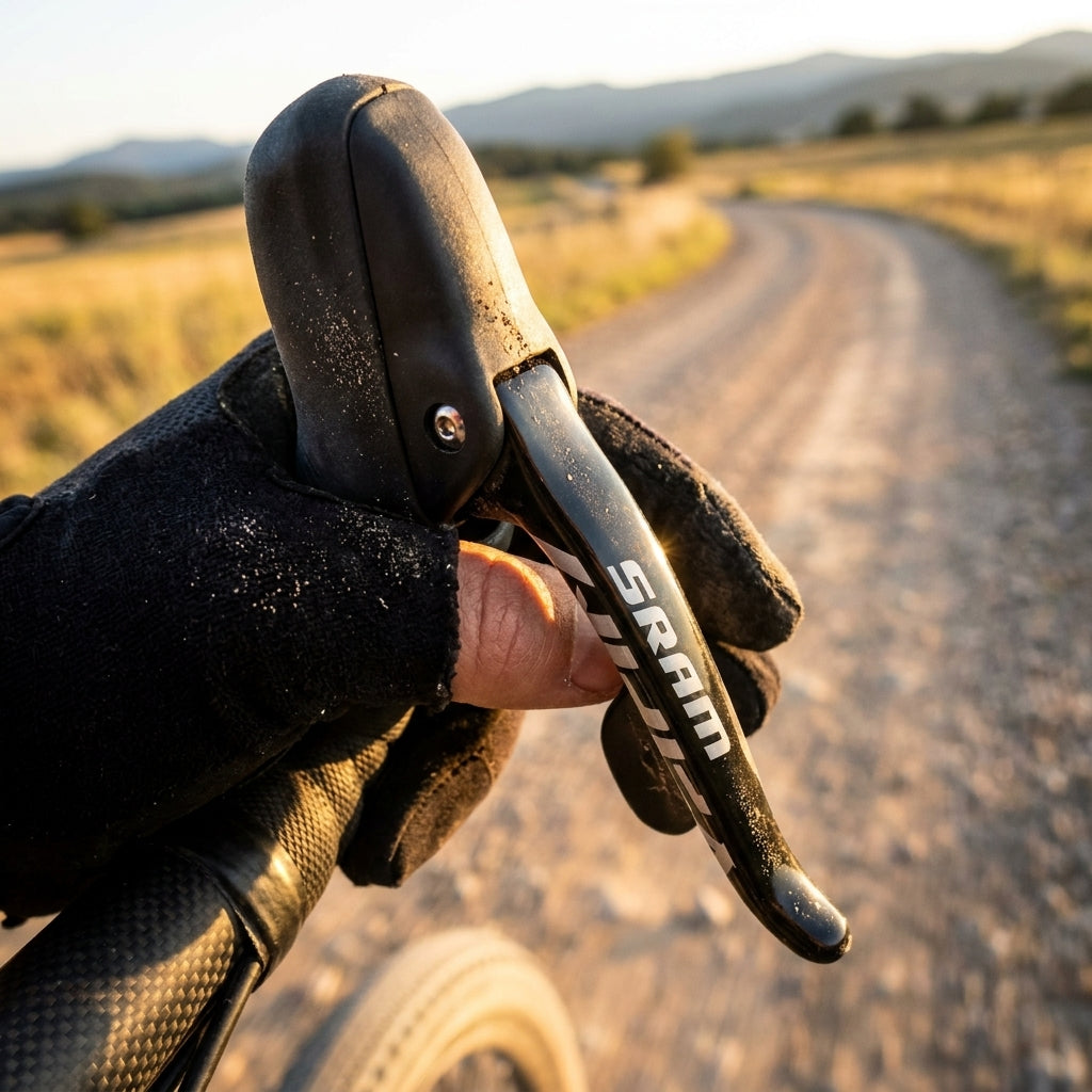 SRAM Apex 1 Schalt-/Bremshebel rechts am Gravelbike-Lenker, von Hand gehalten auf staubiger Piste.
