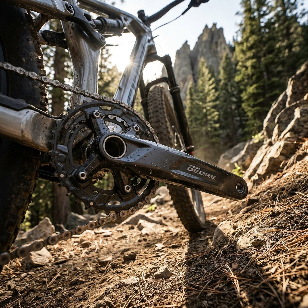 Effiziente SHIMANO DEORE FC-M5100 11-fach MTB Kurbelgarnitur auf sonnigem Trail.