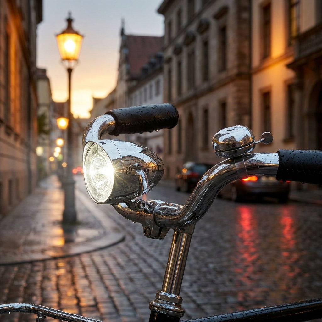 XLC Retro LED Fahrrad-Scheinwerfer, 20 Lux, Chrom, StVZO-zugelassen, leuchtend am Lenker in regnerischer Stadt.