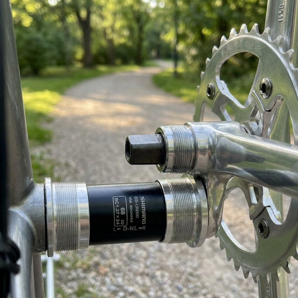 SHIMANO UN300 BSA Innenlager 68mm am Fahrrad montiert, Kurbel und Kettenblatt sichtbar.