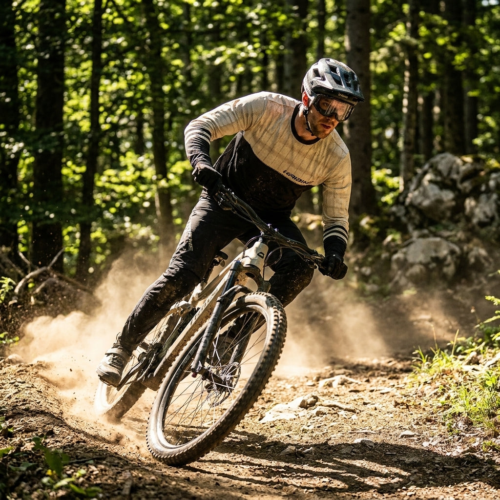 Mann trägt Maloja Freeride Shirt Langarm Haibike Hochries beim Mountainbiken auf staubigem Waldtrail.