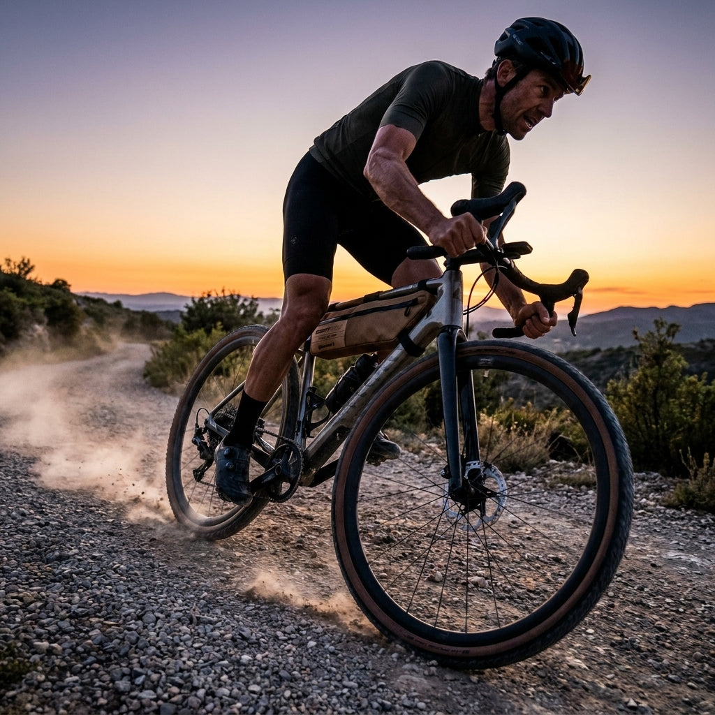 Ultraleichter Continental TPU-Schlauch am 29 Zoll Gravelbike in dynamischer Offroad-Fahrt bei Sonnenuntergang.
