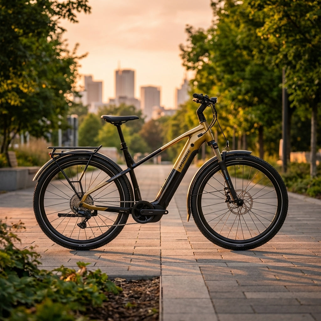 Haibike TREKKING 7.5 HIGH E-Bike in Schwarz-Gold auf einem Parkweg vor einer Stadtsilhouette bei Sonnenuntergang.