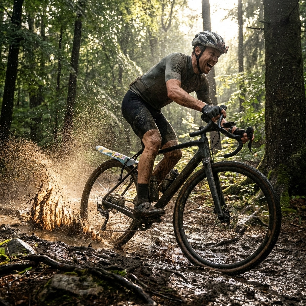 Ass Savers Win Wing 2 Gravel Schutzblech Bits n' Peaces am Gravelbike, das durch Schlamm fährt, Spritzer.