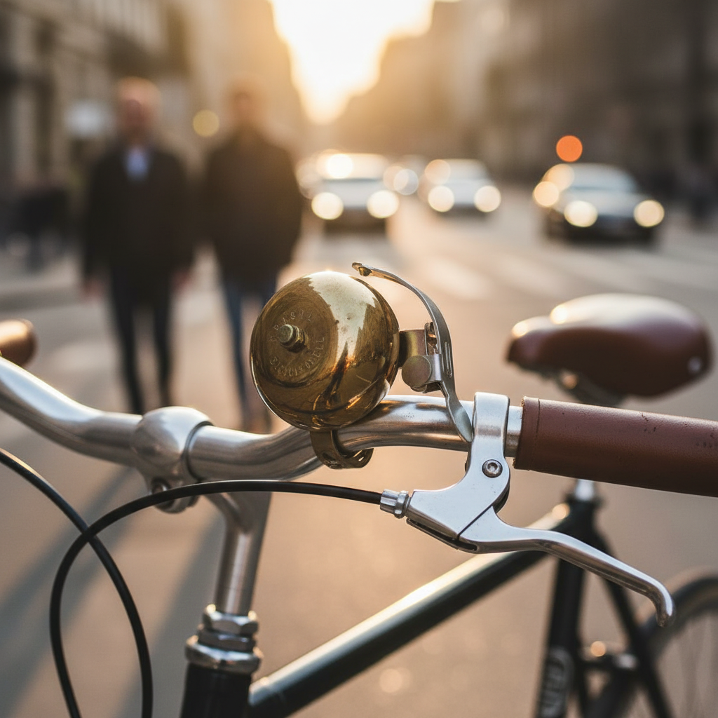 Basil Renn-Klingel Portland aus Messing Ø55mm am Fahrradlenker montiert.