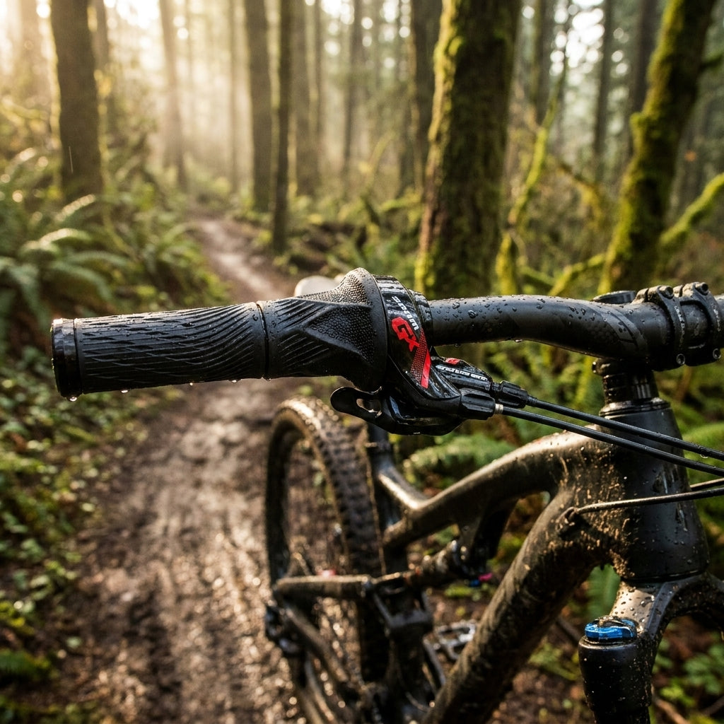 SRAM GX 2x11 Drehgriffschalter vorne (rot) am Mountainbike, 2-fach, auf nassem Waldtrail.