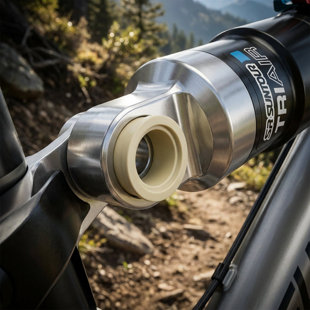 SR-Suntour Kunststoffbuchse IGUS 8x37,6mm für TRIAIR Dämpfer am Mountainbike auf einem Trail.