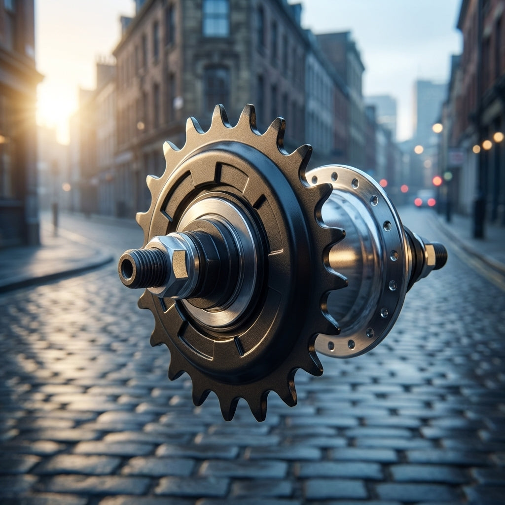 SHIMANO NEXUS 16Z Ritzel (16 Zähne) für Nabenschaltung, schwebend über urbaner Kopfsteinpflasterstraße.
