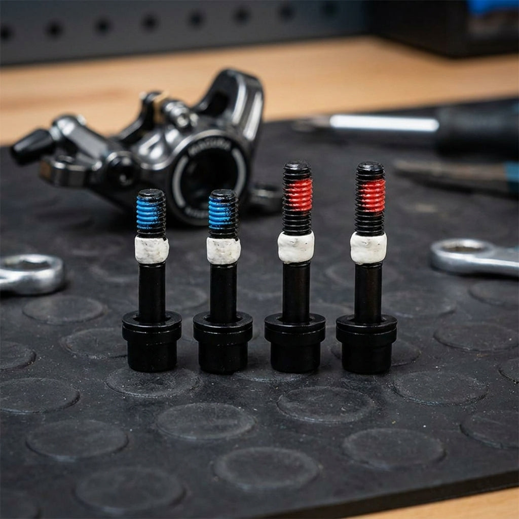 MAGURA QM-Schraubenset M6x30/35: schwarze Schrauben mit blauer und roter Schraubensicherung und weißer Paste.