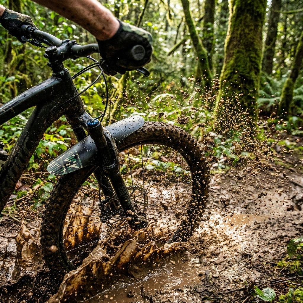 Rockshox Fender MTB universal vorne schwarz/grün Camouflage an Mountainbike spritzt durch Schlamm im Wald.