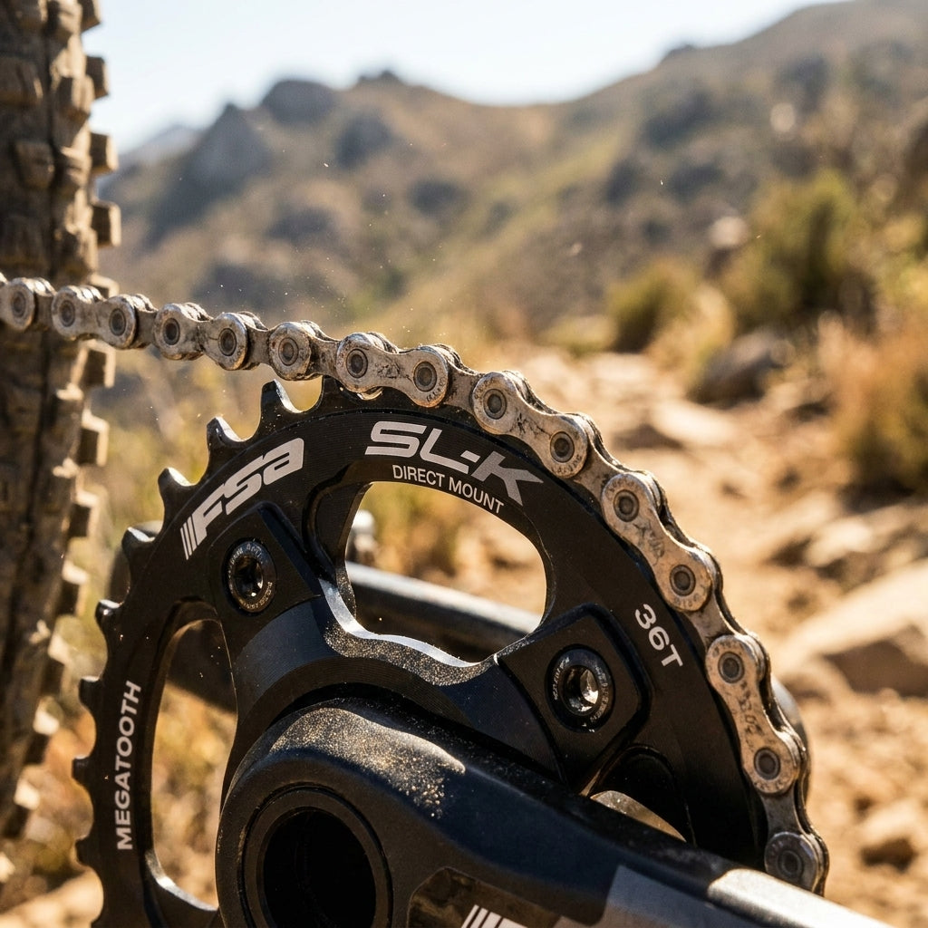 FSA SL-K MTB Kettenblatt schwarz, Direct Mount, Megatooth, 36T auf einem Mountainbike im Gelände.