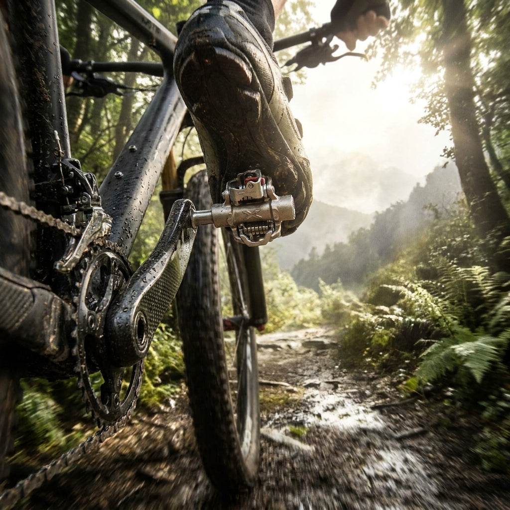 Xpedo M-FORCE 8 CR silber Clipless-Pedal am Mountainbike auf schlammigem Waldweg.
