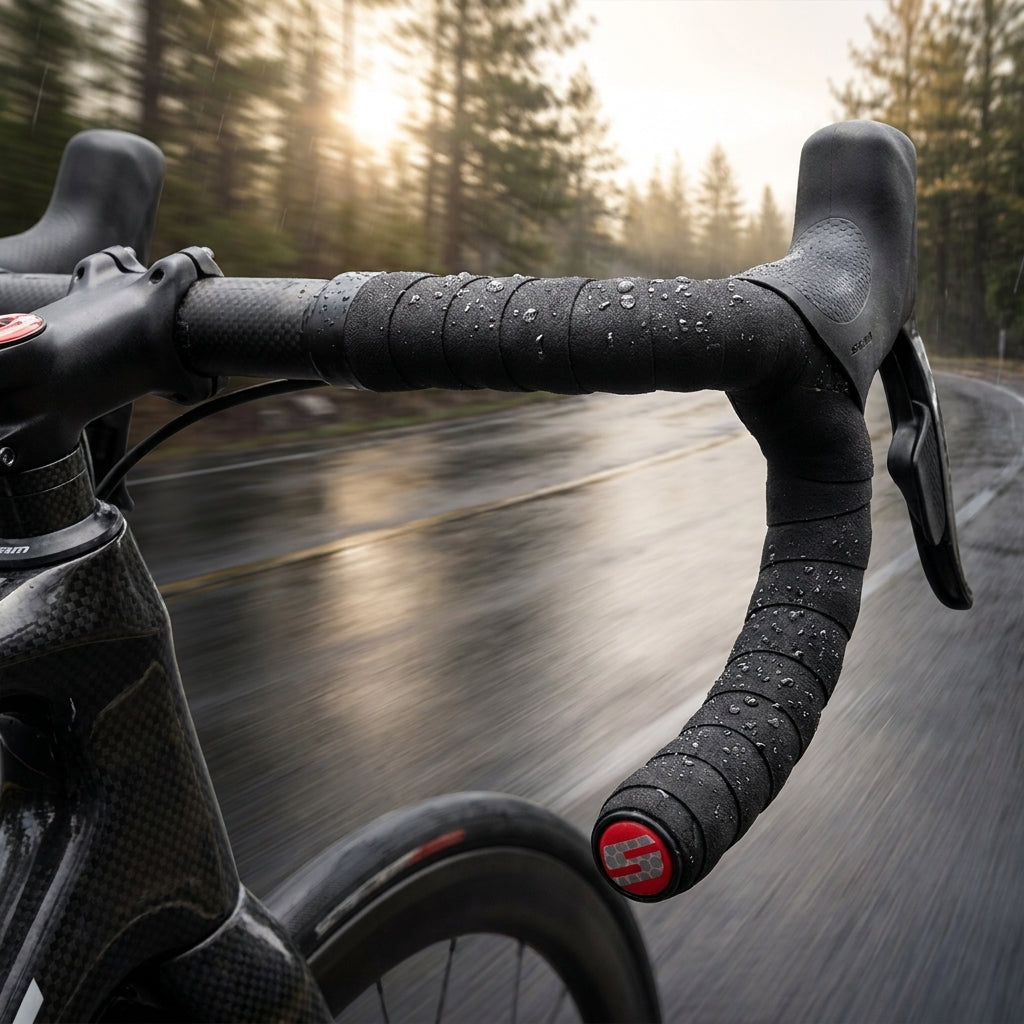 SRAM SuperSuede Performance Lenkerband schwarz, rutschfest, mit Wassertropfen im Regen.