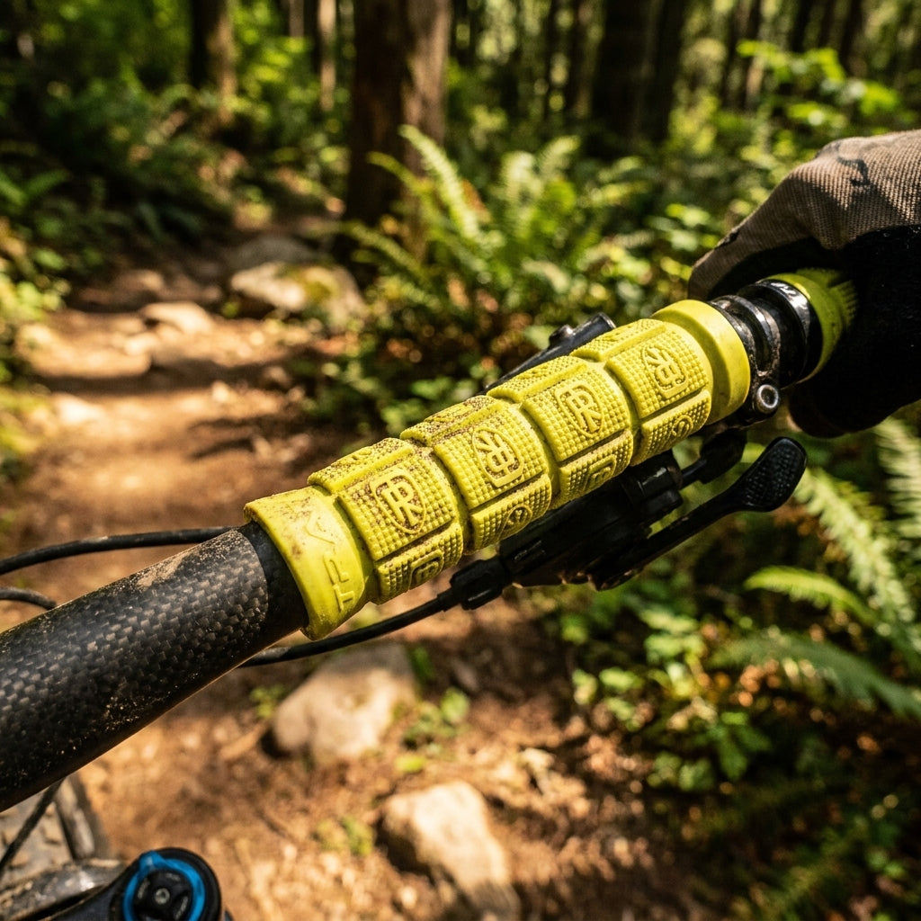 Gelber Ritchey Comp Trail Griff am Carbon-Mountainbike-Lenker, von Hand gehalten auf einem schlammigen Waldweg.