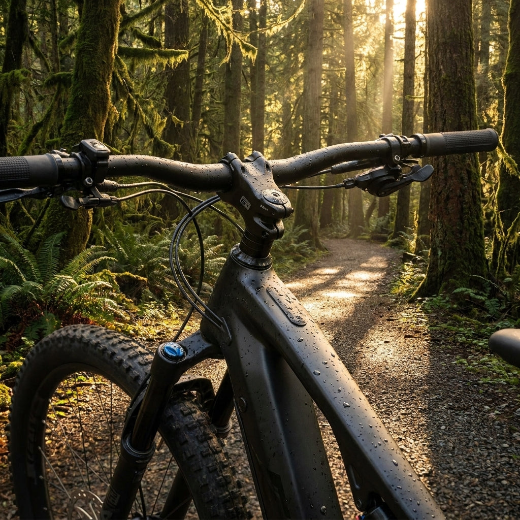 Ergotec High Bass Vorbau am E-MTB im sonnigen Wald, nass, für aufrechte Sitzposition.