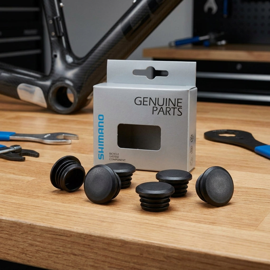 SHIMANO SP40 gedichtete Kunststoff-Endkappen für Schaltzugaußenhüllen auf Werkbank mit Fahrradrahmen.