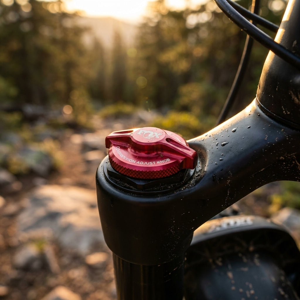 Roter FOX Dämpfungsversteller aus Alu 7075. Präzise Rückdämpfungseinstellung für Mountainbike-Fahrwerke.