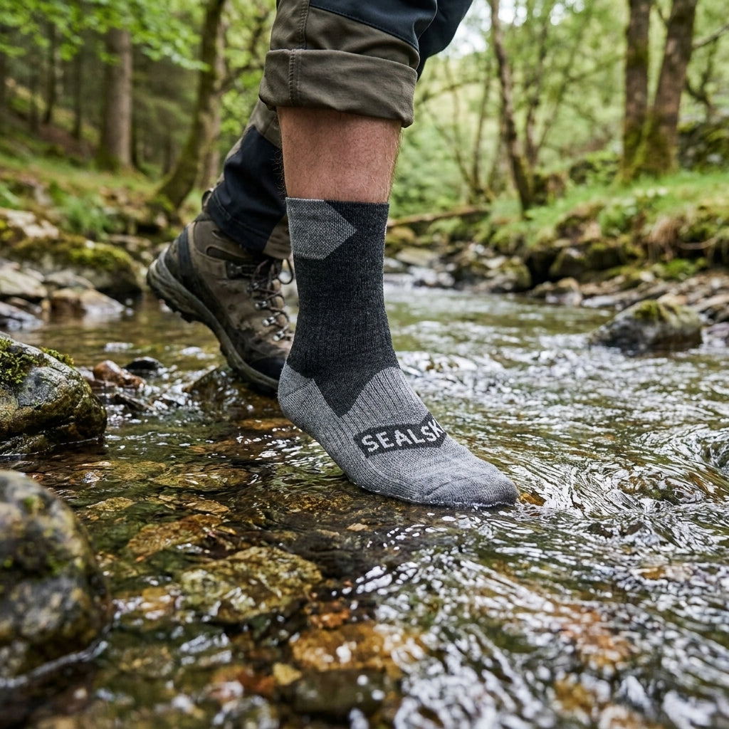 Wasserdichte SealSkinz Bircham Socken schwarz grau beim Wandern durch einen Bach.