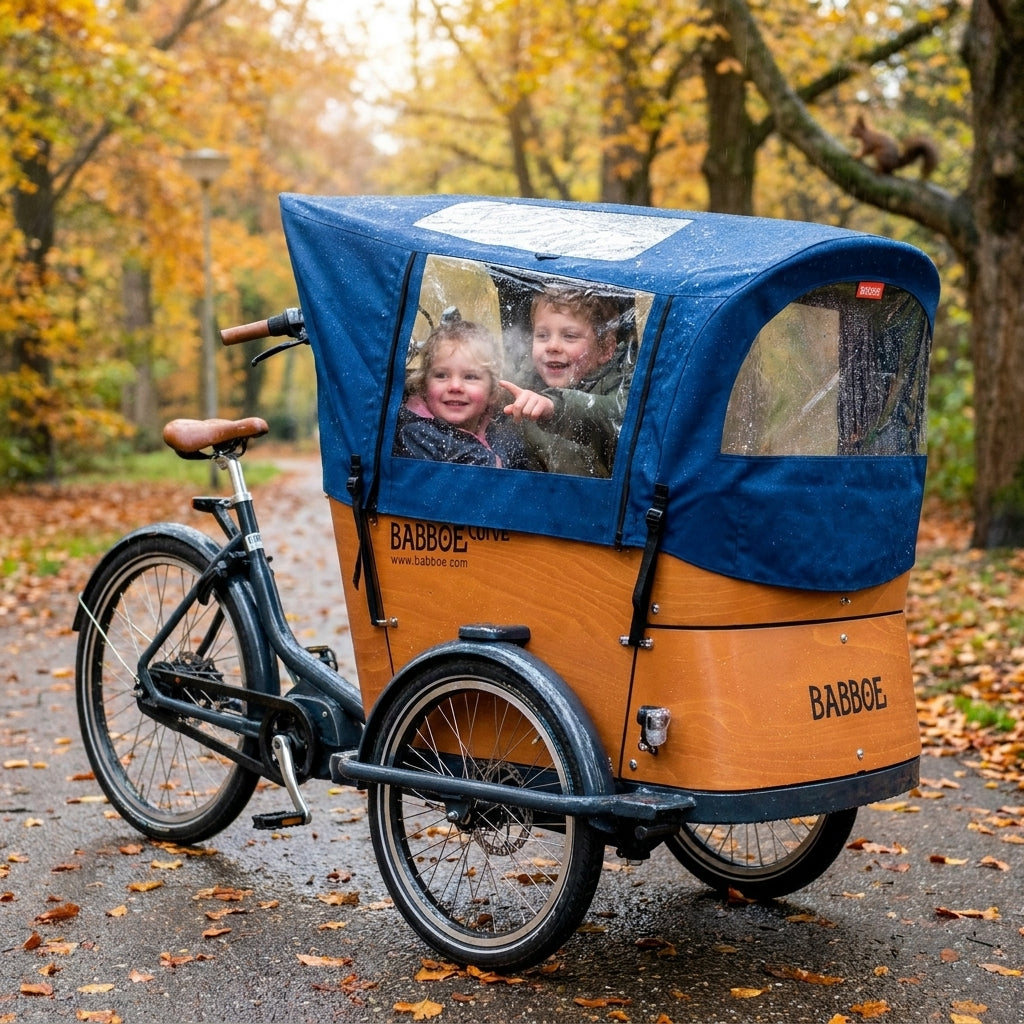 Babboe Regenverdeck blau für Curve Docril Lastenrad mit lachenden Kindern im Herbst.