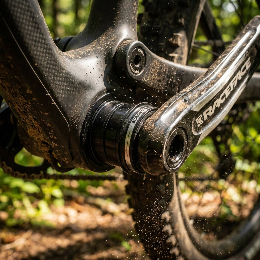 Race Face Cinch PF30 Innenlager (schwarz) an Carbon-Mountainbike-Rahmen, schlammig, effiziente Kraftübertragung.