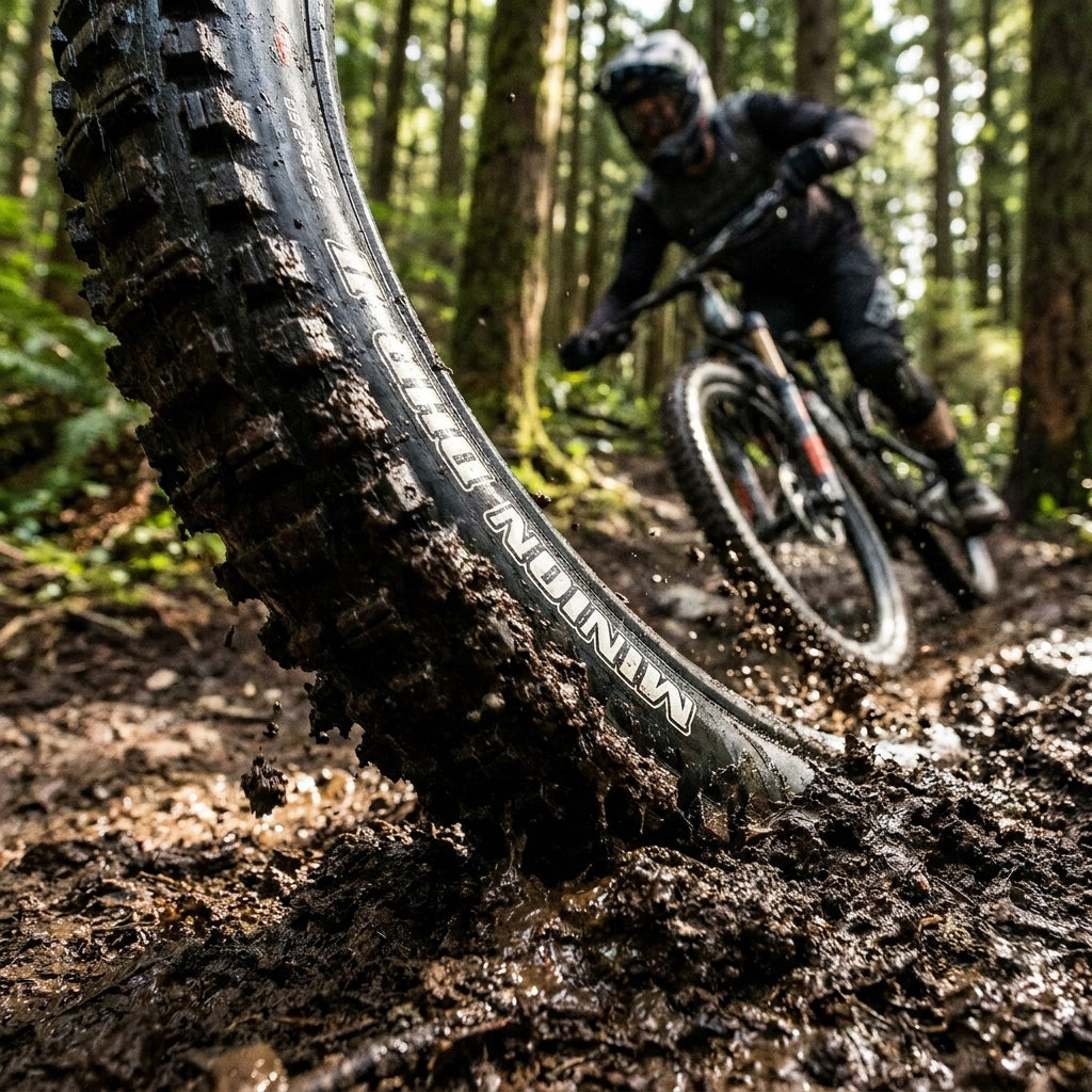 Maxxis Minion DHR II 27.5x2.60 schwarz Reifen im Schlamm beim Mountainbiken mit Fahrer im Hintergrund.