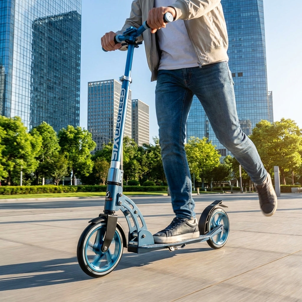 Blauer Sk8teforyou Six Degrees Aluminium Scooter 205mm. Hochwertiger Faltscooter für Stadt und Freizeit.