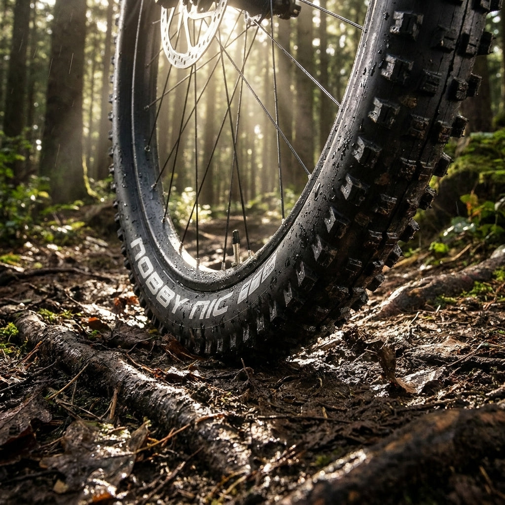 Schwalbe Nobby Nic MTB-Reifen 27.5x2.35 auf matschigem Waldweg, vielseitig für Trail & All-Mountain.