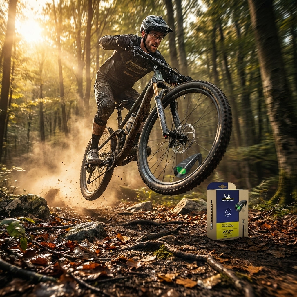 Mountainbiker springt mit Michelin Protek Max 27.5 Schlauch am Vorderrad und Produktbox im Wald.