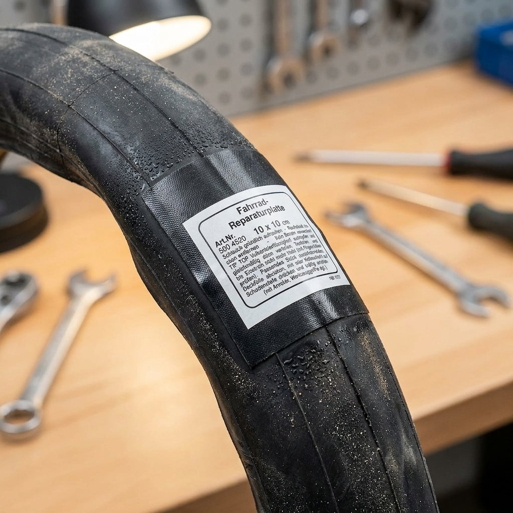 Rema Tip Top Fahrrad-Schlauch-Reparaturplatte TT SB 10x10 cm auf Schlauch in Werkstatt.
