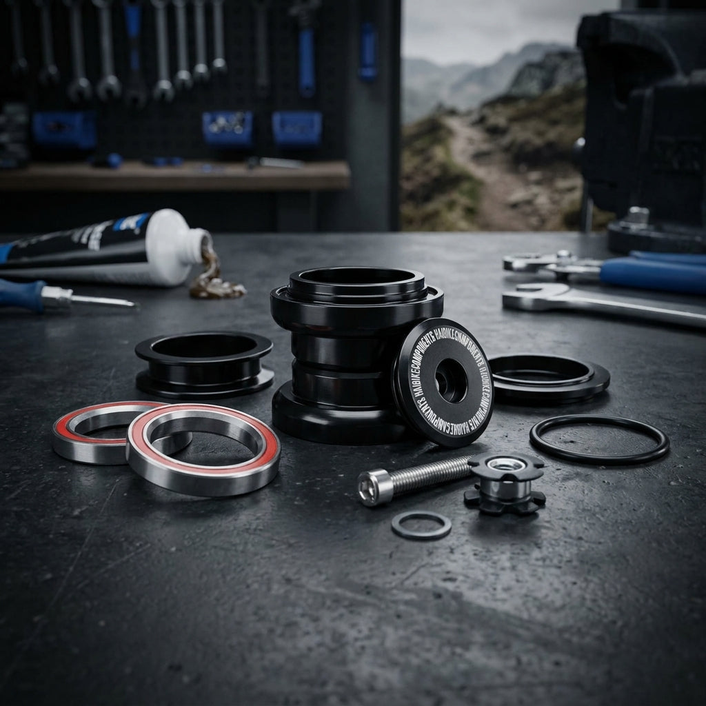 Haibike All MTN Alloy Steuersatz Kit: Steuersatz, Lagerschalen, Crown Race und Kugellager auf Werkbank.