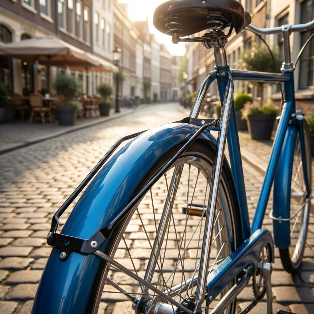 Blaue 28 Zoll Schutzblechstrebe für Hollandräder aus robustem Metall zur stabilen Montage am Hinterrad.