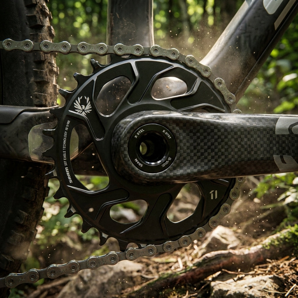 Schwarzes SRAM X-Sync Eagle Kettenblatt mit Kette und Carbon-Kurbel für MTB 12-fach im Wald, Staubpartikel.